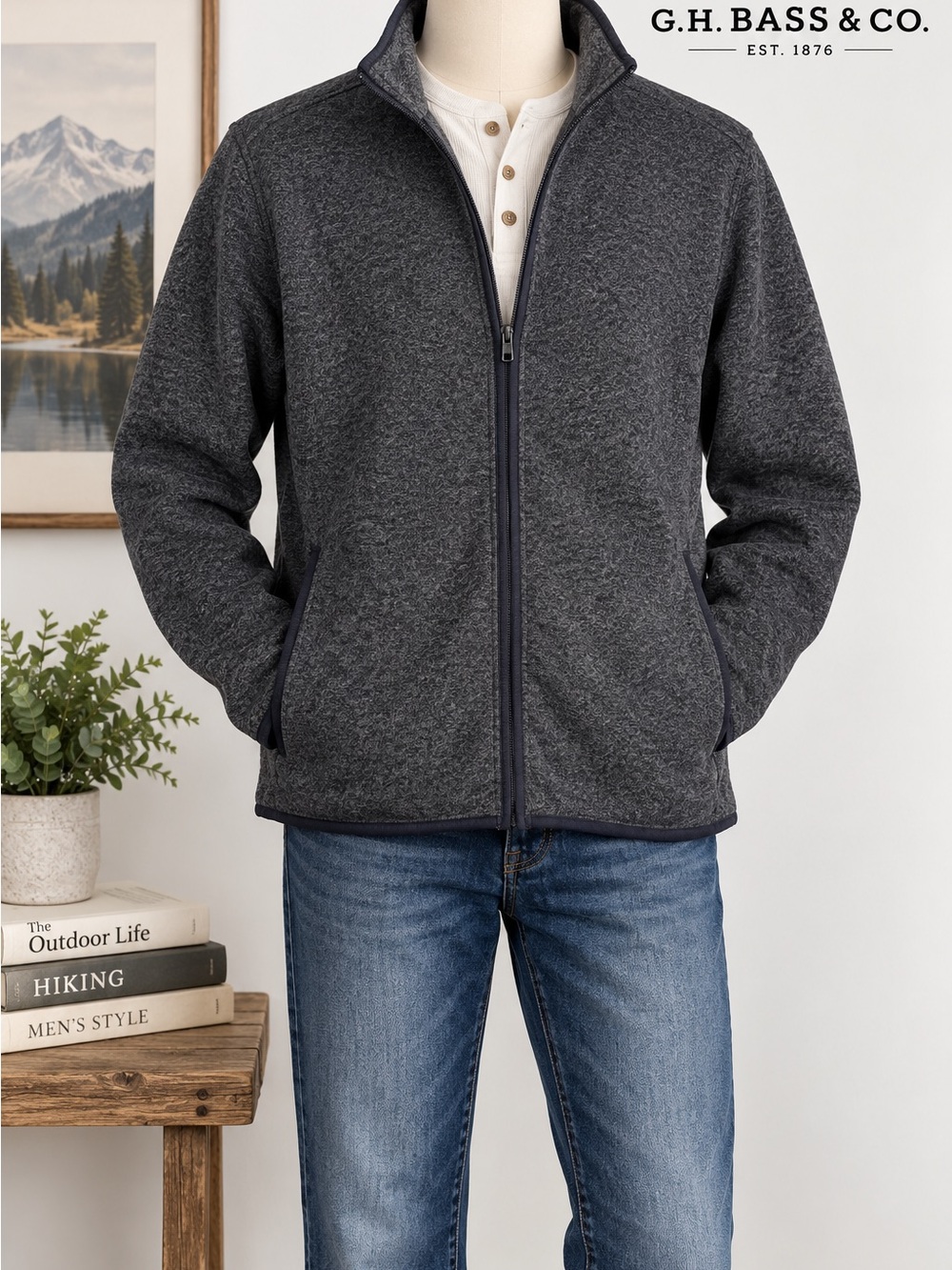 G.H. Bass & Co Fleece Jacket XL Charcoal Gray Full Zip Outdoor